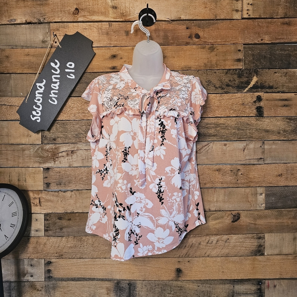 ADRIENNE VITTADINI Women's Peach Pink Lace Ruffle Sleeve Floral Blouse Sz L